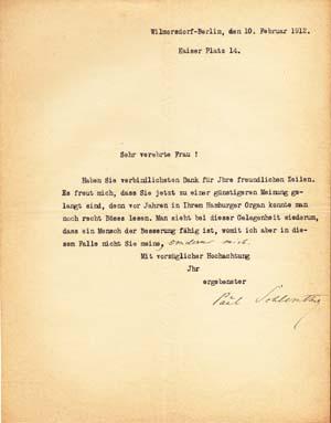Typed letter signed; "Paul Schlenther," to Ulla Frankfurter ("Sehr verehrte Frau"), February 10, ...
