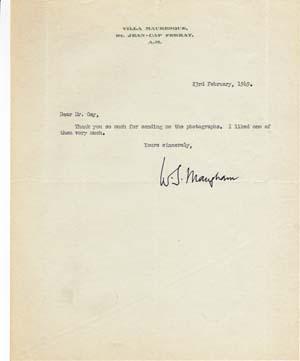 Autograph letter signed; "W.S. Maugham," to "Mr. Gay," Febraury 23, 1949