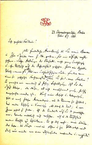 Autograph letter signed; "Julius Rodenberg," to Sophie Verena ("Sehr geehrtes Fräulein") February...
