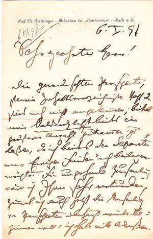 Autograph letter signed; "H Vaihinger," to a "Sehr geehrter Herr," January 6, 1897