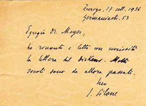 Autograph postcard signed; "I. Silone," to Oscar Meyer, September 17, 1936