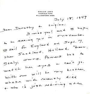 Autograph Letter Signed; "Sinclair," to Luigino and Dorothy, Baron and Baroness Franchetti, July ...