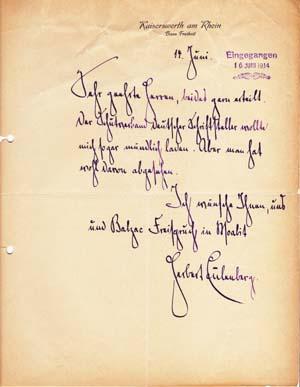 Autograph letter signed; "Herbert Eulenberg," to Richard Frankfurter (unnamed), June 14 (1914)