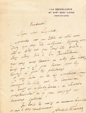 Autograph letter signed; "Anatole France," undated, to "Mon cher Leopold"
