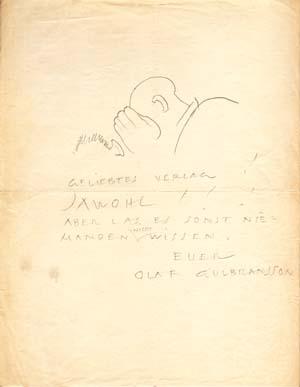 Autograph note signed, with a sketch; "Olaf Gulbransson," to the (unnamed) S. Fischer Verlag, no ...