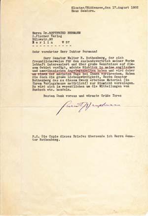 Typed Letter Signed; "Gerhart Hauptmann" to Gottfried Bermann, August 17, 1932