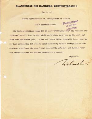 Typed letter signed; "Dehmel," to Richard Otto Frankfurter, June 14, 1914