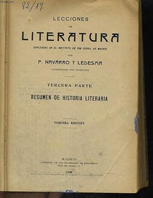 Image du vendeur pour LECCIONES DE LITERATURA, TERCERA PARTE, RESUMEN DE HISTORIA LITERARIA mis en vente par Le-Livre