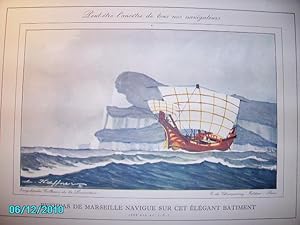 Image du vendeur pour (MARINE)GRAVURE EN COULEURS:PEUT-ETRE L'ANCETRE DE TOUS NOS NAVIGATEURS:PYTHEAS DE MARSEILLE NAVIGUE SUR CET ELEGANT BATIMENT(300 ANS AV.J.C.) mis en vente par Bibliofolie