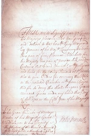 Document Signed toJohn, Duke of MONTAGU, (John Holles, 1662-1711, from 1694 1st Duke, from 1705 L...