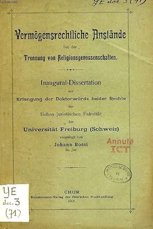 Seller image for VERMOGENSRECHTLICHE ANSTANDE BEI DER TRENNUNG VON RELIGIONSGENOSSENSCHAFTEN (INAUGURAL-DISSERTATION) for sale by Le-Livre