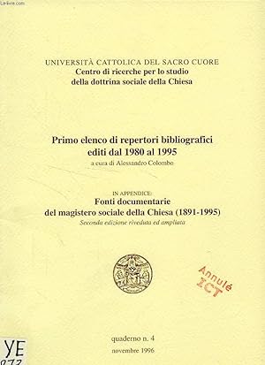 Bild des Verkufers fr PRIMO ELENCO DI REPERTORI BIBLIOGRAFICI EDITI DAL 1980 AL 1995 zum Verkauf von Le-Livre