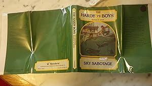 Seller image for SKY SABOTAGE , in Green Color Dustjacket #79 in the Hardy Boys series of Boy holding to PIER Ledge Reaching Out to another boy in Shark Infested Ocean Waters while man Looks on In front of Small Building. When Joe Hardy Overhears 2 Criminals talking in for sale by Bluff Park Rare Books