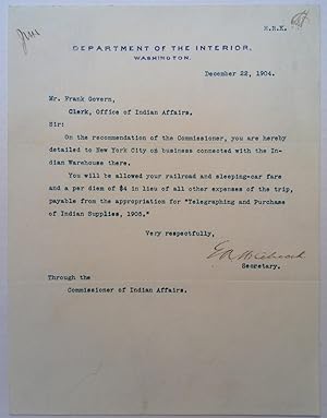 Bild des Verkufers fr Typed Letter Signed on "Department of the Interior" letterhead zum Verkauf von Argosy Book Store, ABAA, ILAB