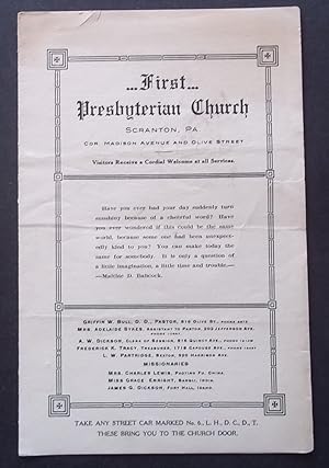 Image du vendeur pour First Presbyterian Church, Scranton, Pa. (Church Service Program for Sunday, February 14, 1909) mis en vente par Bloomsbury Books