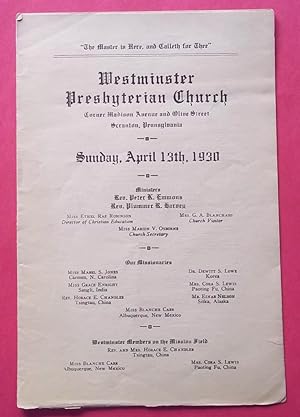 Image du vendeur pour Westminster (First) Presbyterian Church, Scranton, Pa. (Church Service Worship Program for Sunday, April 13, 1930) mis en vente par Bloomsbury Books