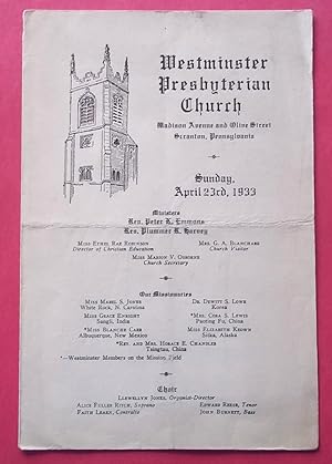 Image du vendeur pour Westminster (First) Presbyterian Church, Scranton, Pennsylvania (Church Service Worship Program for Sunday, April 23, 1933) mis en vente par Bloomsbury Books