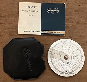 Imagen del vendedor de Takeda Concise Circular Slide Rules No 28 [ 8CM WHITE PLASTIC DISC WITH SMALLER + ROTATING CLEAR CURSOR ON CENTRAL WHITE METAL PIVOT, NUMBERS AROUND EDGES BOTH SIDES + RULES BOOKLET + GLASSINE WRAPPER IN ORIGINAL BROWN PLASTIC COVER ] a la venta por Deightons