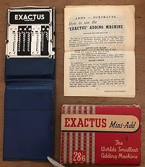 Imagen del vendedor de Exactus Mini - Add The World's Smallest Adding machine 28/6 [ 10.2cm ALUMINIUM, BLACK PAINTED FRONT WITH BARE LETTERING + LOGO ON TOP, NUMEROUS HOLES & SLIDE SLITS TO MOVE INDICATORS, RESET LEVER + POINTER + BLUE PLASTIC SLIP CASE + RULES BOOKLET + PAD OF PAPER IN ORIGINAL RED ENVELOPE ] a la venta por Deightons