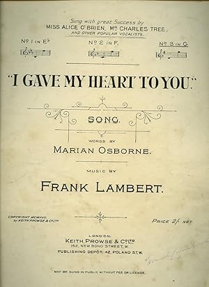 Seller image for I Gave My Heart To You. Song No. 3 in G Major [Vintage Piano Sheet Music] for sale by Little Stour Books PBFA Member