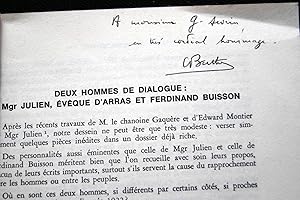 Seller image for DEUX HOMMES DE DIALOGUE : Mgr JULIEN, Evque d'Arras et Ferdiand BUISSON EXTRAIT DE MELANGES DE SCIENCE RELIGIEUSE ENVOI for sale by Librairie RAIMOND