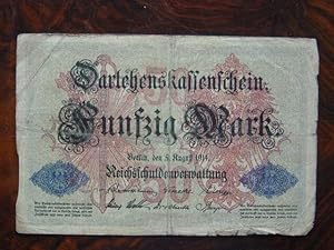 Darlehenskassenschein 50 Mark. Berlin, den 5. August 1914. Beidseitig bedruckt.
