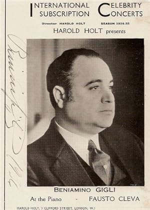 Imagen del vendedor de Autograph of Beniamino Gigli : Signed programme flyer for Harold Holt's International Subscription Celebrity Concerts for 1934-35. With head and shoulders photograph of Beniamino Gigli. a la venta por David Strauss