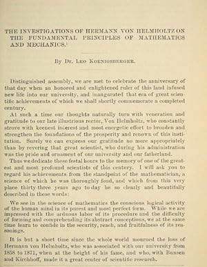 Bild des Verkufers fr The Investigations Of Hermann Von Helmholtz On The Fundamental Principles Of Mathematics And Mechanics zum Verkauf von Legacy Books II