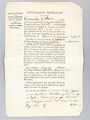 Adjudication du bail-à-ferme des Biens des Emigrés : vente aux enchères le 17 messidor 1793, an s...