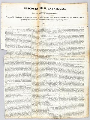 Bild des Verkufers fr Discours de M. Cavaignac sur le Droit d'Association, prononc  l'audience de la Cour d'assises du 15 dcembre, dans l'affaire de la Socit des Amis du peuple, publi par l'Association parisienne en faveur de la presse patriote. zum Verkauf von Librairie du Cardinal