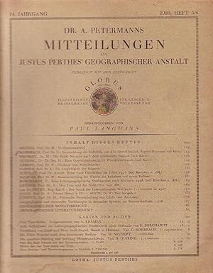 Bild des Verkufers fr Dr. A. Petermanns Mitteilungen aus Justus Perthes Geographischer Anstalt. Vereinigt mit der Zeitschrift Globus - illustrierte Zeitschrift fr Lnder- und Vlkerkunde. Jahrgang 74, Heft 5 / 6, 1928. Herausgeber: Paul Langhans. Im Inhalt u.a.: R. Hennig 'Hvitramannaland' / C. Rohrbach 'Entwicklung des Erdbildes von Abr. Oertel bis Joh. Baptist Homann' / M. Neubert 'Die Fahrt Nearchs nach dem konstanten Stadion' und geographischer Monats- und Literaturbericht und Neuerscheinungen. zum Verkauf von Antiquariat Carl Wegner