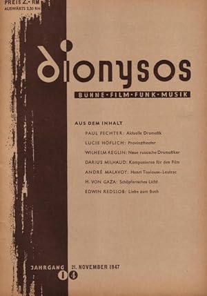 Immagine del venditore per Dionysos. 1947, Jahrgang 1, Heft 4 vom 21. November. Die neue illustrierte Kunstzeitschrift Bhne Film Funk Musik. venduto da Antiquariat Carl Wegner