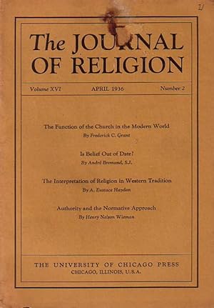 Bild des Verkufers fr The Journal of Religion. Volume XIII, April 1936, Number 2. Cont.: Frederick Grant: Function of the church in the modern world / Andre Bremond: Is belief out of date? / Eustace Haydon: Interpretation of religion in western tradition / Henry Wieman: Authority and the normative approach zum Verkauf von Antiquariat Carl Wegner