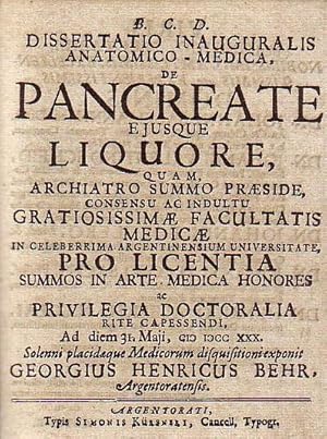 Image du vendeur pour De Pancreate ejusque liquore. Dissertation 1730. Straburg, Mai 1730. Foto-Faksimile-Druck 1977. mis en vente par Antiquariat Carl Wegner