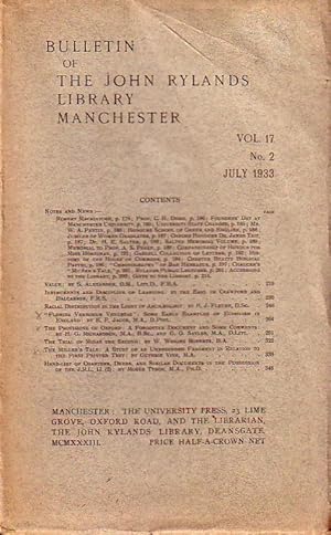 Seller image for Bulletin of the John Rylands Library Manchester Vol. 17, N 2. July, 1933. Content: 1) Notes and News. / 2). Essays: Florida verborum venustas: Some early examples of euphuism in England by E.F. Jacob / Provisions of Oxford: A forgotten document and some comments by H.G. Richardson and Sayles / Trial of Midas the second by Wright Roberts / The Miller s Tale by Guthrie Vine. And others. for sale by Antiquariat Carl Wegner