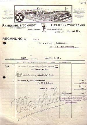 Image du vendeur pour Rechnung der Firma Ramesohl & Schmidt AG Westfalia vom 21. Mai [19]29 ber ein Getriebe z. Buttermaschine nebst Porto ber 7,80 RM mit Firmenstempel. mis en vente par Antiquariat Carl Wegner