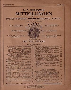 Bild des Verkufers fr Dr. A. Petermanns Mitteilungen aus Justus Perthes Geographischer Anstalt. Vereinigt mit der Zeitschrift Globus - illustrierte Zeitschrift fr Lnder- und Vlkerkunde. Jahrgang 60, Juni - Heft, 1914. Herausgeber: Paul Langhans. Im Inhalt u.a.: Wei 'Wirtschaftliche Verhltnisse des Chienchangtals' / Brnsteins 'Forschungen auf den Admiralsinseln' / Seckt 'Vegetationsverhltnisse des nordwestlichen Teiles der Argentinischen Republik' / Hammer 'Die neue Weltkartenprojektion von Cahill' und geographischer Literatur- und Monatsbericht und Neuerscheinungen. zum Verkauf von Antiquariat Carl Wegner