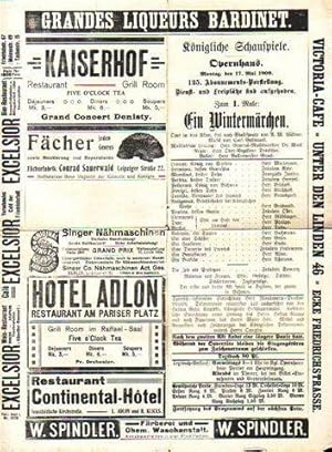 Seller image for Programm-Zettel zu ' Ein Wintermrchen. ' Oper in 3 Akten - frei nach Shakespeare. Musik von Carl Goldmark. Regie: Droescher. Musikalische Leitung: Muck. Ballett: Graeb. Mitwirkende: Maclennan, Rose, Franziska Jansen, Hempel, Bischoff u.v.a. Auffhrung : 17. Mai 1909. for sale by Antiquariat Carl Wegner