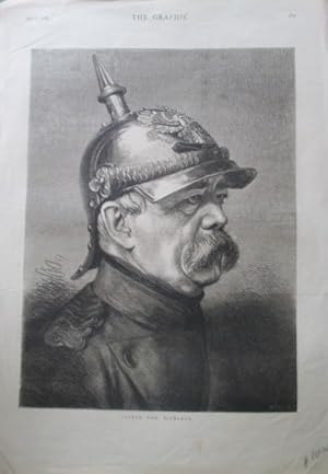 Bild des Verkufers fr Portrt. Brustbild mit Helm im Profil nach rechts. Original - Holzstich von H. Ulrich aus der engl. Zeitschrift "The Graphic" = rckseitig mit Text, 30 x 23 cm, 1878. zum Verkauf von Antiquariat Michael Eschmann