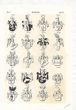 Sammelblatt mit 20 Wappendarstellungen von: Bürgerlichen. Original - Lithographie, Blattgröße: 27...