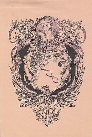 Exlibris für Otto Bertschi. Wappen mit Adler, darüber kleines Porträt von Gutenberg im Oval. Zwei...