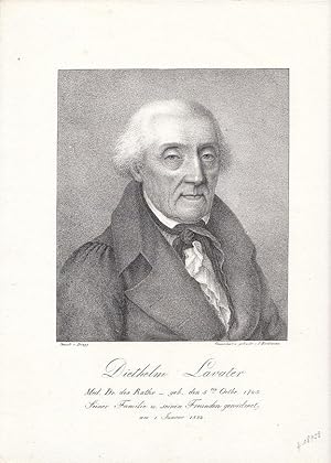 Seller image for Portrt. Brustbild, unten Widmungszeilen: "DIETHELM LAVATER MED. DR. DES RATHS geb. den 5ten Octbr. 1743 Seiner Familie u. seinen Freunden gewidmet am 1. Januar 1822". Original - Lithographie von Joseph Brodtmann nach Felix Mariag Diogg, 17 x 14,5 cm (Darstellung). for sale by Antiquariat Michael Eschmann