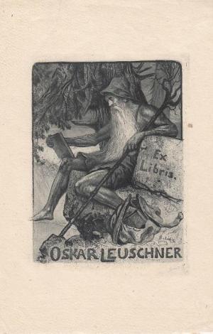 Exlibris für Oskar Leuschner. Motiv: Auf Stein sitzend lesender Greis nach links mit Wanderstab u...