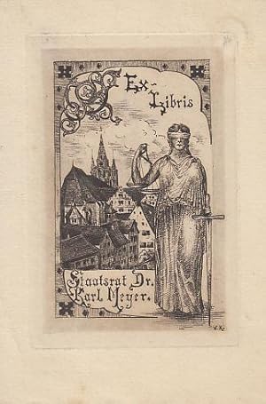 Exlibris. Motiv: Justizia mit Schwert und Waage, links kleine Stadtansicht von (?). Original - Ra...