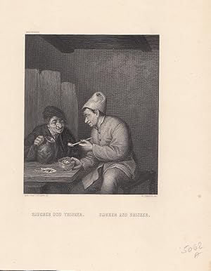 Pfeife. "Raucher und Trinker." Stahlstich von French/Ostade, 15 x 12,5 cm, ca. 1850.