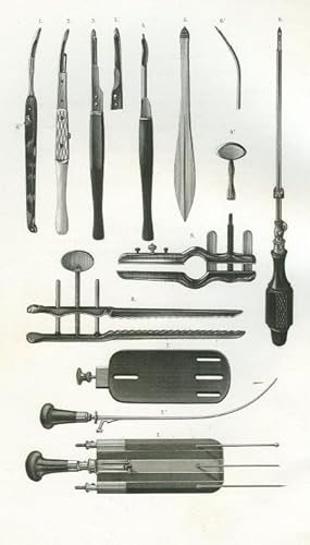 Instrumente zu Bruchoperationen. Original - Stahlstich von Greb, 1860, 23,7 cm x 15,7 cm.