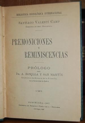 Imagen del vendedor de PREMONICIONES Y REMINISCENCIAS. Prlogo de A. Bonilla y San Martn a la venta por Fbula Libros (Librera Jimnez-Bravo)