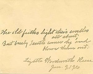 Autograph Quotation Handwritten and Signed by Lizette Wordsworth Reese (1856-1935).