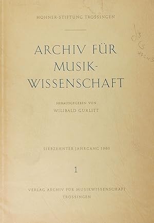 Image du vendeur pour Archiv fur Musikwissenschaft: Siebzehnter Jahrgang 1960, Heft 1 mis en vente par Austin Sherlaw-Johnson, Secondhand Music