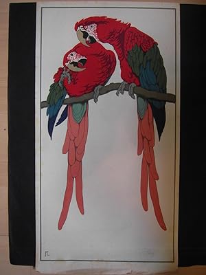 Bild des Verkufers fr Paar rote Aras auf Crem, auf Ast nach links. Original Holzschnitt, mit Signatur zum Verkauf von Alexandre Madeleyn
